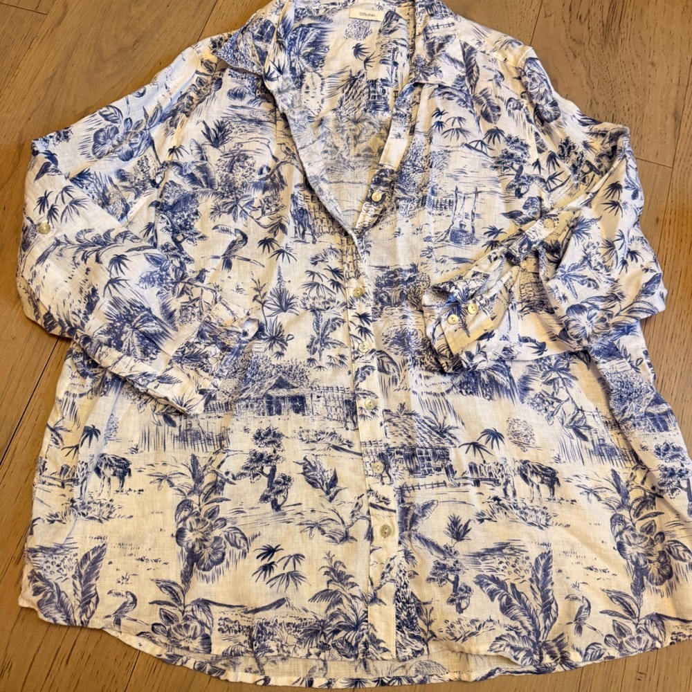 Joie 100% Linen Button Down Shirt Blue and White Tropical Toile Print Size Large